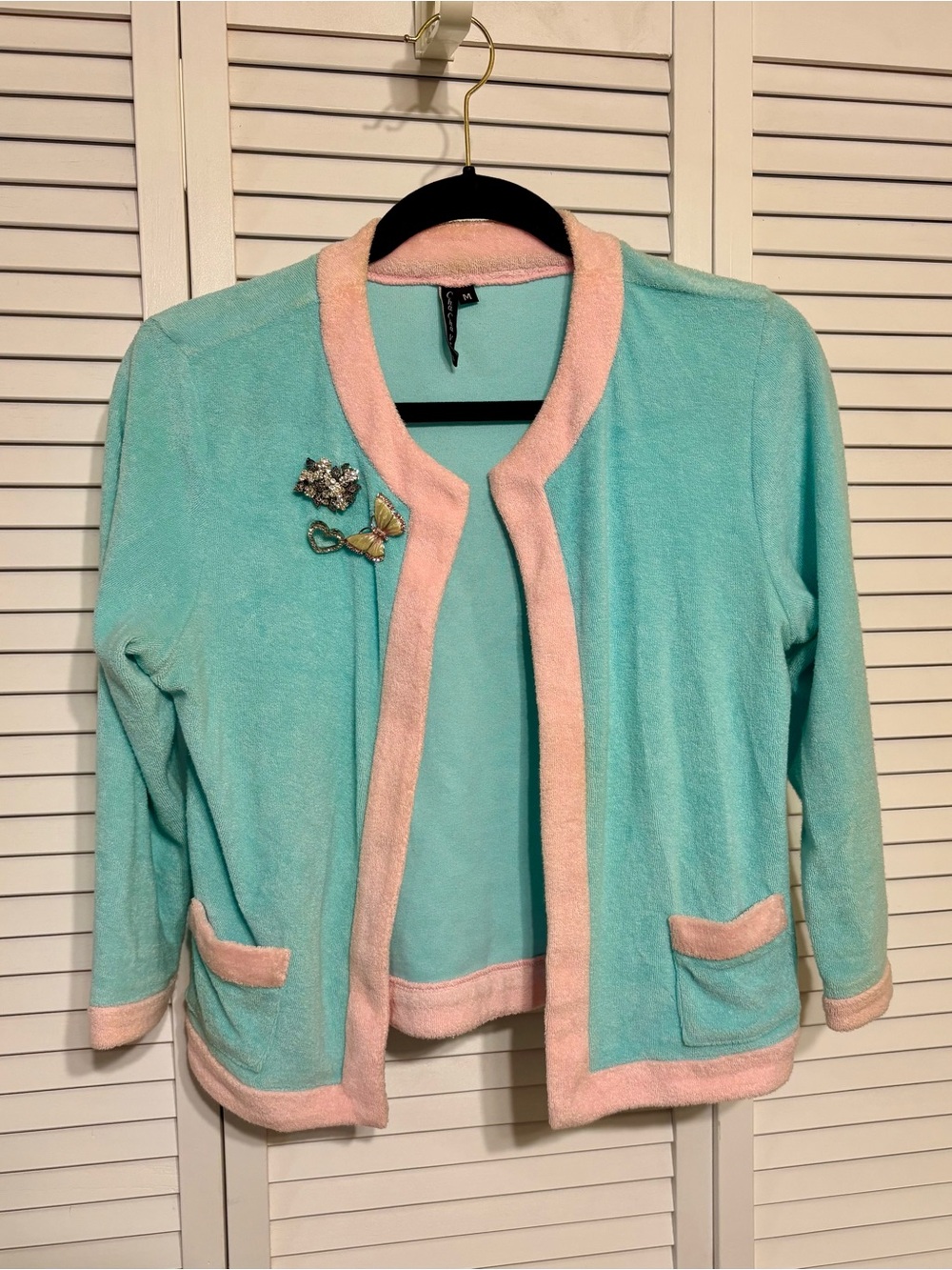 Vintage Y2K cha cha vente Aqua Terry Cloth Open Cardigan with Pink Trim